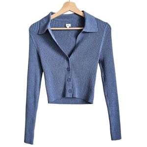 Aerie Blue Ribbed Knit Cropped Collared Sweater Top Size M